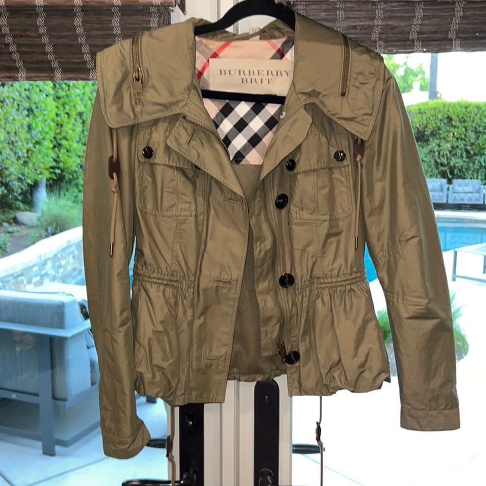 Burberry Brit Olive Green Hooded Drawstring Jacket with peplum and hood.  Sz 4